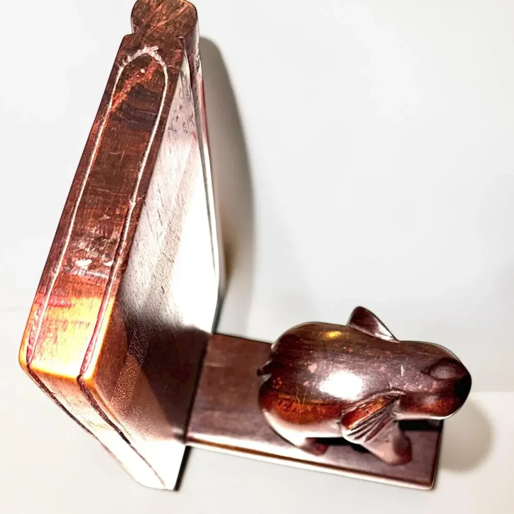 Vintage Wooden Elephant Bookends | Carved Elephant Shelf Decor Pair